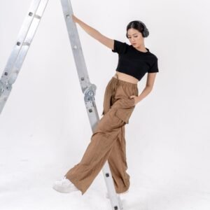 AIJO - (READY) Grizelle Cargo Pants - Kulot Panjang Parasut Wanita Korean Look Coklat Celana Navy  Basic Hitam tali serut Red Loose